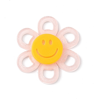 Acrylic Cabochons, with Glitter Powder, Flower with Smiling Face, Pink, 37x4.5mm