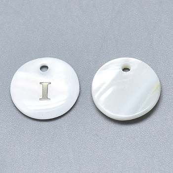 Natural White Shell Mother of Pearl Shell Charms, with Iron Sticker, Flat Round with Letter, Letter.I, 13x2mm, Hole: 1.5mm