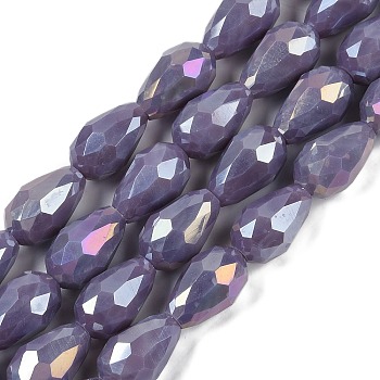 Opaque Solid Color Electroplate Glass Beads Strands, AB Color Plated, Faceted, Teardrop, Slate Blue, 11.5x8mm, Hole: 1.2mm, about 55~57pcs/strand, 25.59 inch(65cm)