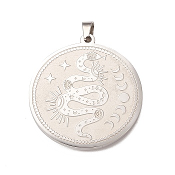 304 Stainless Steel Pendants, Flat Round with Snake & Moon Phase Charm, Stainless Steel Color, 33x30x1.5mm, Hole: 5x3mm