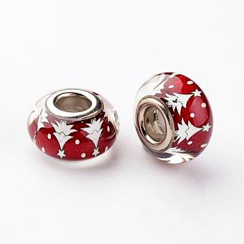 Large Hole Rondelle Resin European Beads, with Platinum Tone Brass Double Cores, Christmas, Red, 14x8mm, Hole: 5mm