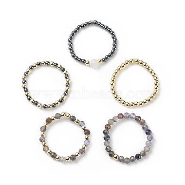 5Pcs 5 Style Natural Rainbow Moonstone & Dichroite & Synthetic Hematite Round Beaded Stretch Finger Rings Set(RJEW-JR00527)-4