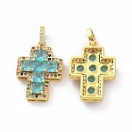Brass Micro Pave Clear Cubic Zirconia Pendants, Cadmium Free & Lead Free, Cross, Religion, Cyan, 24x17x5mm, Hole: 3.5x5~5.5mm(ZIRC-F135-24G-04A)