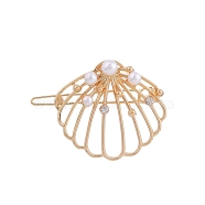 Shell Shape Alloy Hair Bobby Pins, with Rhinestone & Imitation Pearl, Golden, 35x40mm(PW-WG3EFAC-01)