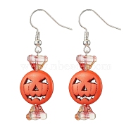 Dyed Synthetic Turquoise & Glass Dangle Earrings, Halloween Pumpkin & Flower Long Drop Earrings, Coral, 48x15mm(EJEW-TA00428)