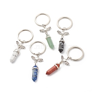 Bullet Natural Mixed Gemstone and Alloy Heart with Wing Keychains, with Iron Split Key Rings, 8.5cm(KEYC-JKC00361)
