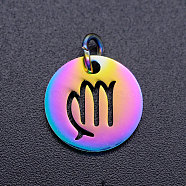 Rainbow Color Ion Plating(IP) 201 Stainless Steel Charms, with Jump Rings, Flat Round with Constellation/Zodiac Sign, Virgo, 12x1mm, Jump Ring: 5x0.8mm, Inner Diameter: 3mm(STAS-Q201-JN166-6)