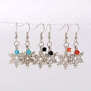 Tibetan Style Christmas Snowflake Dangle Earrings, with Glass Beads and Brass Earring Hooks, Antique Silver, Mixed Color, 41mm, Pin: 0.6mm(EJEW-JE01409)
