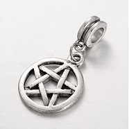 Tibetan Style Alloy Large Hole European Dangle Charms,  Wicca Charms, Flat Round with Star, Antique Silver, 32mm, Hole: 5mm(PALLOY-JF00037)