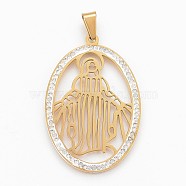 304 Stainless Steel Big Pendants, with Polymer Clay Rhinestone, Oval with Virgin Mary, Golden, 52x35x2mm, Hole: 5x9mm(STAS-F165-48G)