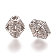 Hollow Brass Micro Pave Clear Cubic Zirconia Beads, Bicone, Platinum, 11x10mm, Hole: 2.5mm(ZIRC-L075-65A-P)