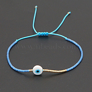 Adjustable Lanmpword Evil Eye Braided Bead Bracelet, Deep Sky Blue, 11 inch(28cm)(ZW2937-10)