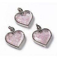 Glass Bottle Pendants, with Natural Rose Quartz Chips and Platinum Plated Alloy Findings, Heart, 40x32.5x11mm, Hole: 8x5mm(G-Z010-02H)