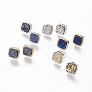 Brass Stud Earrings, with Druzy Resin Cabochon, with Ear Nuts, Square, Mixed Color, 15x15x4~6mm, Pin: 0.8mm, Side Length: 12.5mm(EJEW-J098-B)
