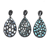 Polymer Clay Rhinestone Pendants, with Gemstone Chip/Natural Shell Chip and PU Leather, Teardrop, Gunmetal, 50~51x31~32x7~8mm, PP12(1.8~1.9mm), Hole: 9x5mm(RB-S056-11B-B)