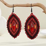 Bohemian Style Glass Bead Handmade Horse Eye Dangle Earrings for Women, Black, Red, 70x30mm(NQ6422-4)