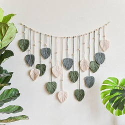 Handmade Cotton Hanging Wall Decorations, with Wooden Beads and Clips, Home Decorations, Leaf, Slate Gray, 750x120mm(AJEW-WH0258-927)