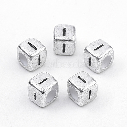 Plated Acrylic Beads, Horizontal Hole, Cube with Letter, Antique Silver, Letter.I, 6mm, Hole: 3mm, about 3000pcs/500g(PB43C9308-I)