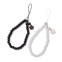 ABS Plastic Imitation Pearl with Rhinestone Beadeed Mobile Straps, with Alloy Enamel Flower Charm, Mixed Color, 17cm, 2pcs/set(HJEW-JM02349)