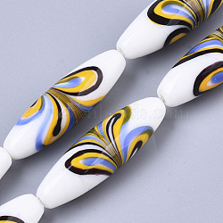Handmade Lampwork Beads Strands, Fancy Drawing, Rice, Yellow, 40.5~42x12.5mm, Hole: 1.5mm, about 10pcs/Strand, 16.14 inch(LAMP-T007-01C)