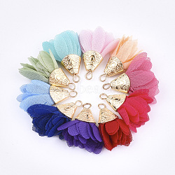 Iron Pendants, with Chiffon, Flower, Golden, Mixed Color, 28~32x25~35mm, Hole: 1~4mm(FIND-T033-03)