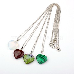Gemstone Heart Pendant Necklaces, with Brass Chains and Brass Spring Ring Clasps, Platinum, Mixed Stone, 18 inch(NJEW-JN00819)