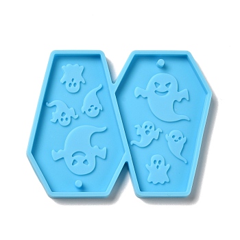 DIY Coffin with Ghost Pendant Silicone Molds, Resin Casting Molds, for UV Resin & Epoxy Resin Jewelry Making, Halloween Theme, Deep Sky Blue, 48x62x4mm, Hole: 2mm, Inner Diameter: 45x29mm