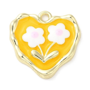Alloy Enamel Pendants, Golden, Heart with Flower Charm, Yellow, 18x18x3mm, Hole: 1.6mm