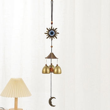 Evil Eye Style Brass Wind Chime, for Garden Courtyard Hanging Decoration, Sun, 440x65mm
