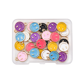 28Pcs 7 Colors Alloy Enamel Charms, Flat Round with Smiling Face, Mixed Color, 14.5x12x1.5mm, Hole: 1.5mm, 4pcs/color