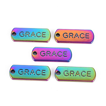 Rainbow Color Alloy Charms, Cadmium Free & Nickel Free & Lead Free, Oval with Grace, 20x8x1.5mm, Hole: 1.6mm