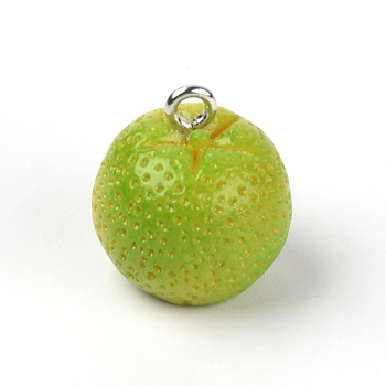 Opaque Resin Pendants, with Platinum Plated Iron Finding, Imitation Fruit, Tangerine, Green, 16x15mm, Hole: 2mm