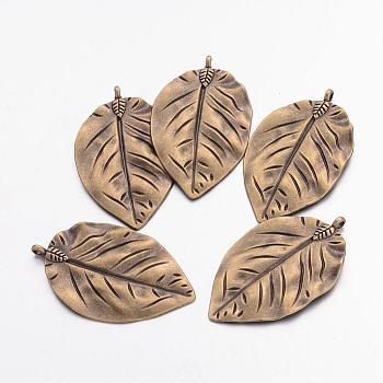 Tibetan Style Alloy Leaf Big Pendants, Cadmium Free & Nickel Free & Lead Free, Antique Bronze, 52x32x3mm, Hole: 3mm, about 146pcs/1000g
