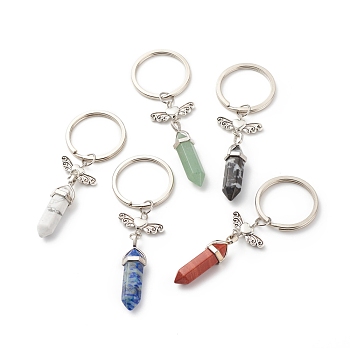 Bullet Natural Mixed Gemstone and Alloy Heart with Wing Keychains, with Iron Split Key Rings, 8.5cm