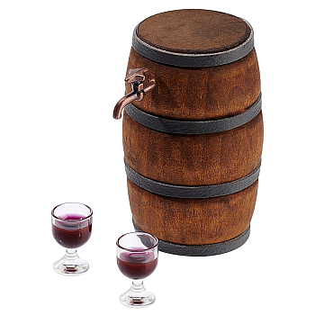 Wood & Alloy & Resin Red Wine Barrel & Wine Glass & Faucet Set, Miniature Dollhouses Bar Accessories, Indigo, 50x42x33mm