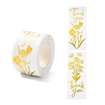 Thank You Stickers Roll, Rectangle Paper Gift Tag Stickers, Adhesive Labels Stickers, Flower Pattern, 3.3cm, Stickers: 80x30x0.1mm, about 120pcs/roll