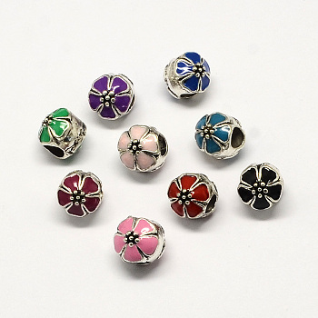 Alloy Enamel Flower Large Hole Style European Beads, Antique Silver, Mixed Color, 10x11mm, Hole: 4mm