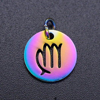 Rainbow Color Ion Plating(IP) 201 Stainless Steel Charms, with Jump Rings, Flat Round with Constellation/Zodiac Sign, Virgo, 12x1mm, Jump Ring: 5x0.8mm, Inner Diameter: 3mm