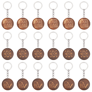 18Pcs 3 Style Flat Round Wood Keychains, with Key Rings, for Bag Car Key Chain Pendant, Mixed Color, 9.5~9.7cm, 6pcs/style