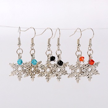 Tibetan Style Christmas Snowflake Dangle Earrings, with Glass Beads and Brass Earring Hooks, Antique Silver, Mixed Color, 41mm, Pin: 0.6mm