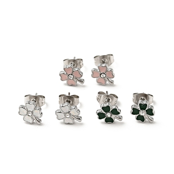 Enamel Clover with Crystal Rhinestone Stud Earrings with 316 Surgical Stainless Steel Pins, Stainless Steel Color Plated 304 Stainless Steel Jewelry for Women, Mixed Color, 8.5x7mm, Pin: 0.8mm