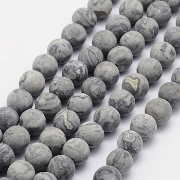 Natural Map Stone/Picasso Stone/Picasso Jasper Beads Strands, Frosted, Round, 7.5~8mm, Hole: 1mm, about 47pcs/strand, 15.3 inch(39cm)