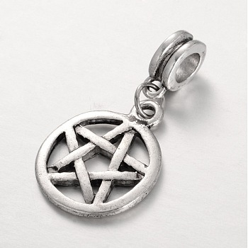 Tibetan Style Alloy Large Hole European Dangle Charms,  Wicca Charms, Flat Round with Star, Antique Silver, 32mm, Hole: 5mm