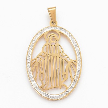 304 Stainless Steel Big Pendants, with Polymer Clay Rhinestone, Oval with Virgin Mary, Golden, 52x35x2mm, Hole: 5x9mm