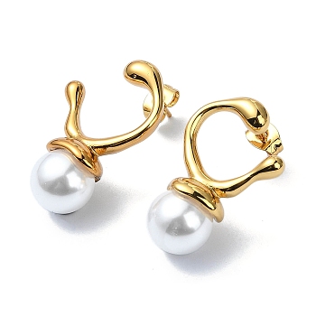 Ion Plating(IP) 304 Stainless Steel Twist Ring Stud Earrings, with Round Plastic Pearl, Golden, 27.5x18mm