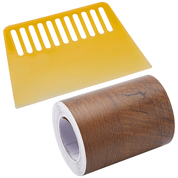 1 Roll PVC Imitation Wood Grain Adhesive Tape, Walnutwood Grain Repair Tape Patch, Flat, with 1Pc PP Plastic Putty Knife, Camel, 80x0.2mm, 10m/roll