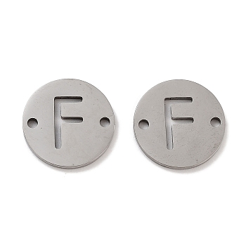 201 Stainless Steel Hollow Flat Round Links, Letter Connector Charms, Stainless Steel Color, Letter F, 12x1mm, Hole: 1.2mm