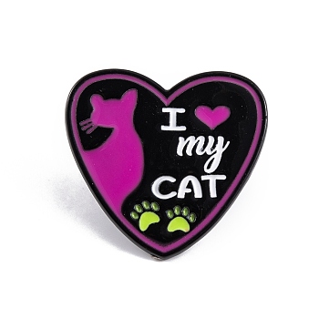 Animal Enamel Pins, Black Alloy Brooches for Backpack Clothes, Cat, Heart, 28x30x1.5mm