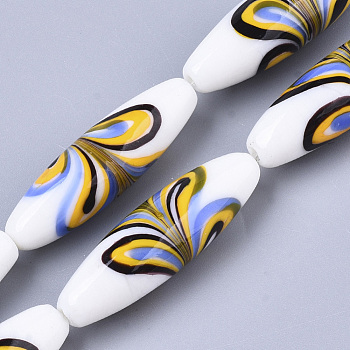 Handmade Lampwork Beads Strands, Fancy Drawing, Rice, Yellow, 40.5~42x12.5mm, Hole: 1.5mm, about 10pcs/Strand, 16.14 inch