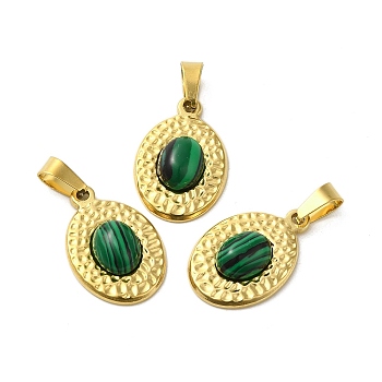 Natural Malachite Pendants, 304 Stainless Steel Oval Charms, Real 18K Gold Plated, 23.5x16x5.5mm, Hole: 4x7.5mm